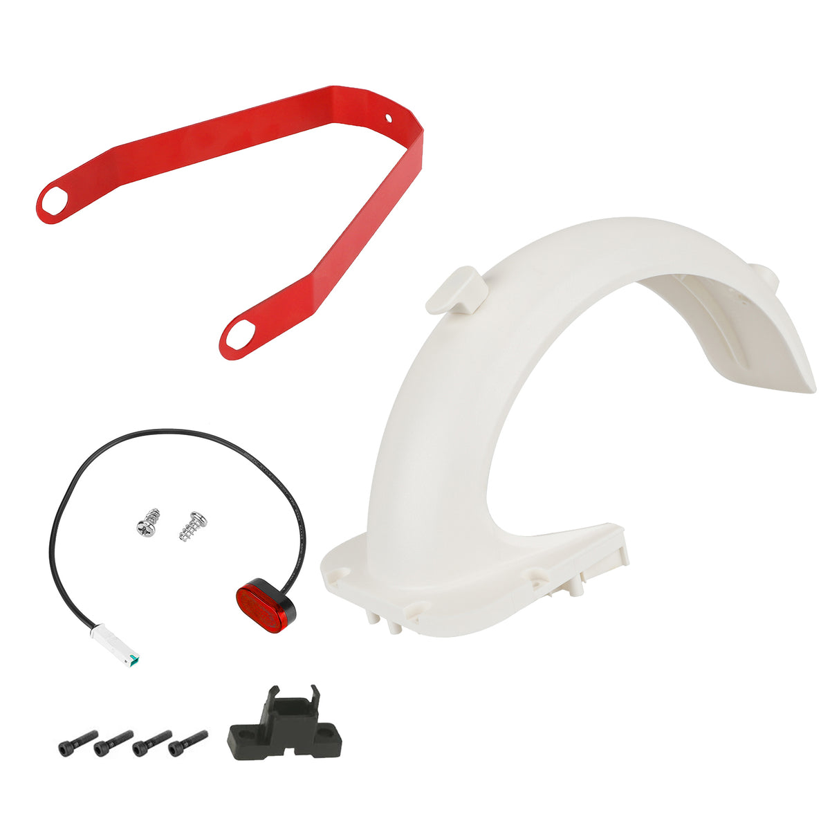 Kit garde-boue arrière blanc avec support de renfort rouge, feu arrière et visserie