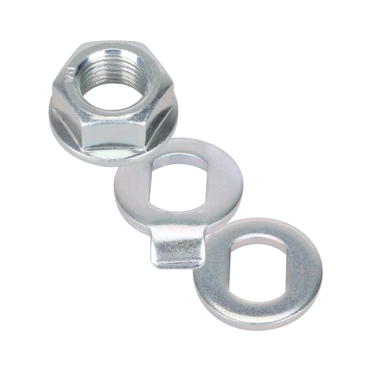 Un écrou de moteur 14 mm et deux rondelles métalliques de trottinette électrique