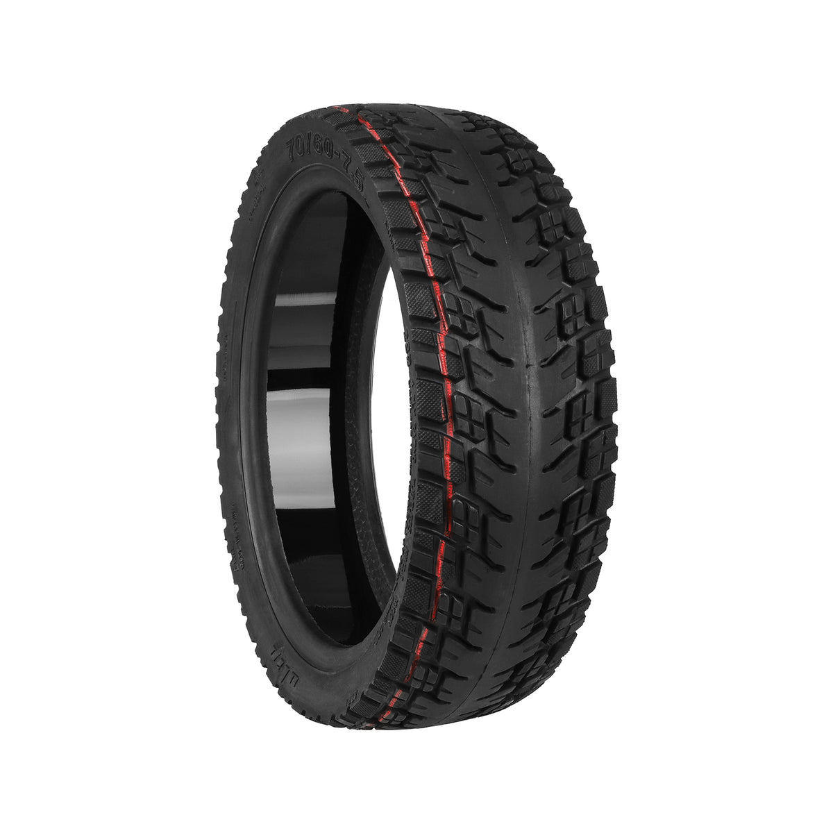 Pneu tubeless auto-réparant 11 pouces 70/60-7,5 noir avec liseré rouge vu de trois-quarts