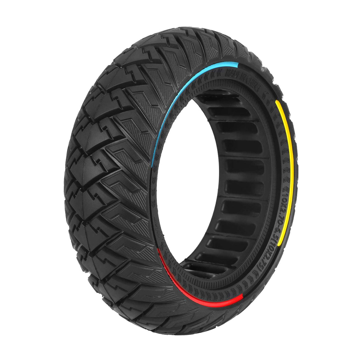 Pneu plein tout-terrain 10 pouces noir avec cercle tricolore bleu, jaune et rouge