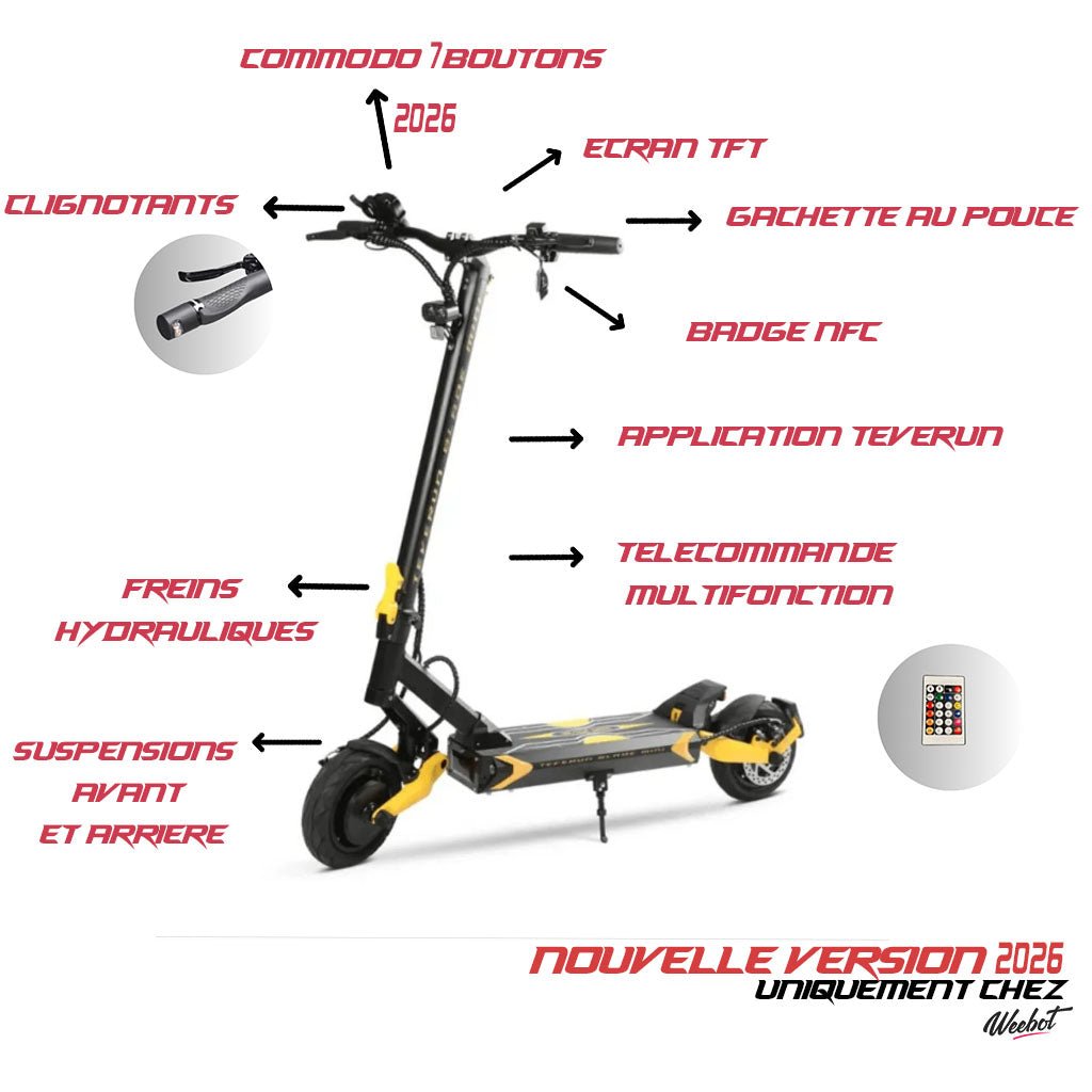 Nouvelle version 2026 de la Teverun Blade Mini Ultra : commodo 7 boutons, écran TFT, gâchette au pouce, badge NFC, application Teverun, télécommande, freins hydrauliques et suspensions — Weebot.
