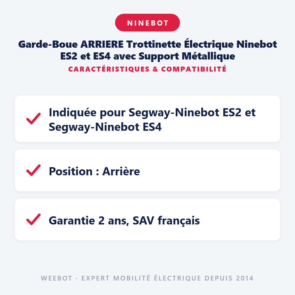 Garde-Boue ARRIERE Trottinette Électrique Ninebot ES2 et ES4 avec Support Métallique : caractéristiques et compatibilité