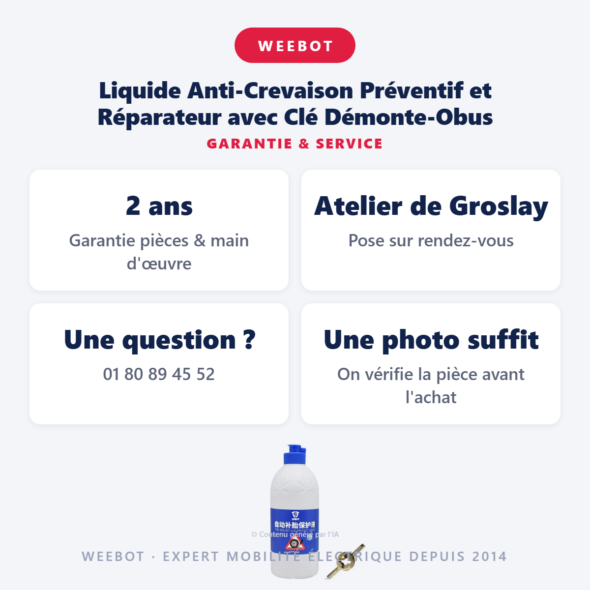 Liquide Anti-Crevaison Préventif et Réparateur avec Clé Démonte-Obus : garantie 2 ans et service après-vente