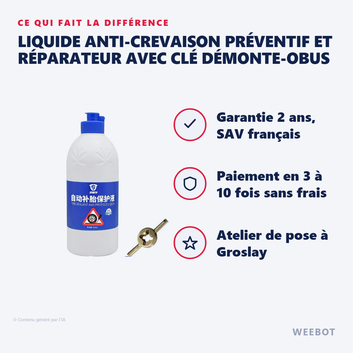Liquide Anti-Crevaison Préventif et Réparateur avec Clé Démonte-Obus : les points forts