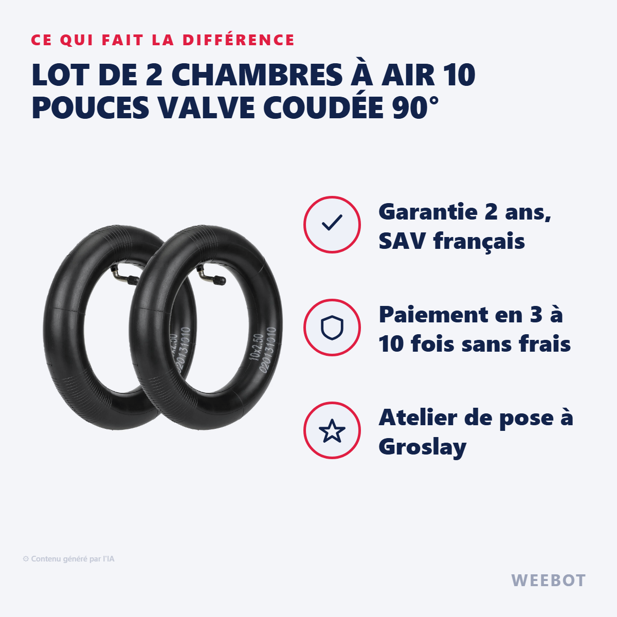 Lot de 2 Chambres à Air 10 Pouces Valve Coudée 90° : les points forts