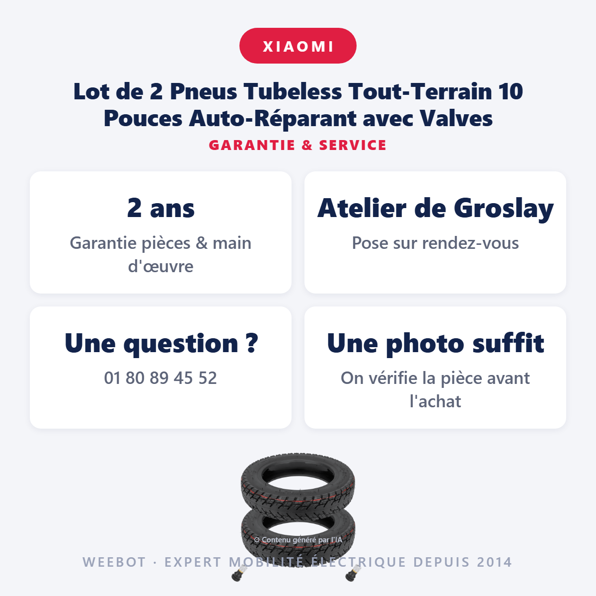 Lot de 2 Pneus Tubeless Tout-Terrain 10 Pouces Auto-Réparant avec Valves : garantie 2 ans et service après-vente