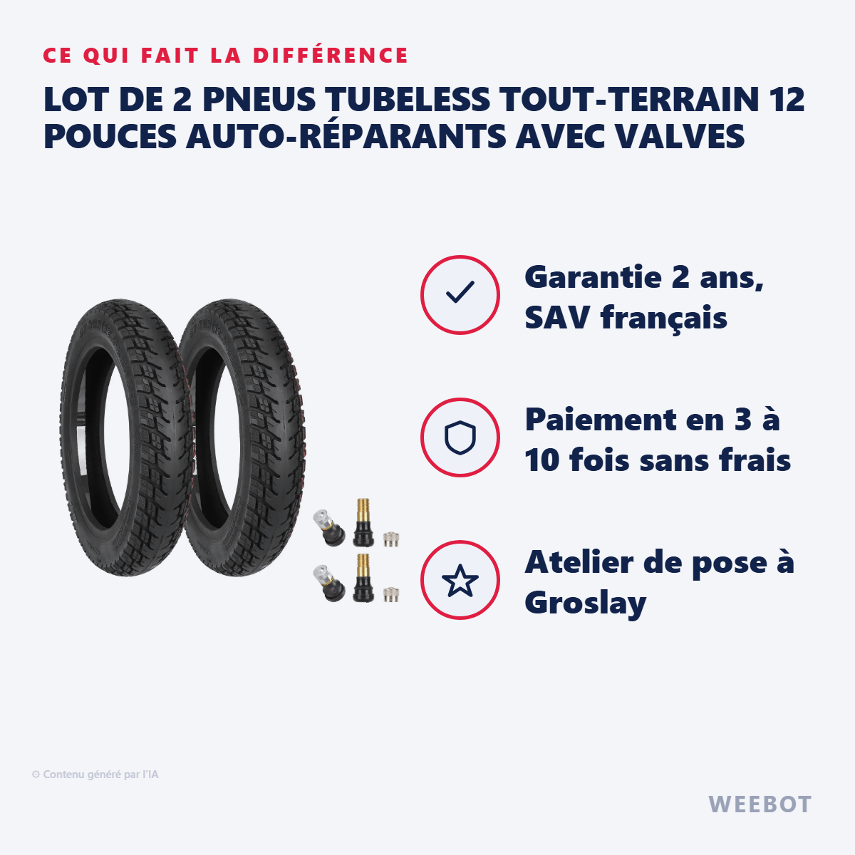 Lot de 2 Pneus Tubeless Tout-Terrain 12 Pouces Auto-Réparants avec Valves : les points forts