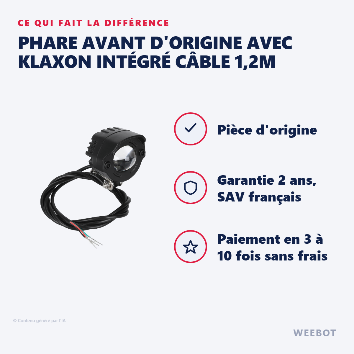 Phare Avant d'Origine avec Klaxon Intégré Câble 1,2m : les points forts