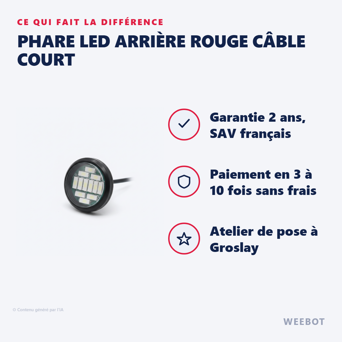 Phare LED Arrière Rouge Câble Court : les points forts