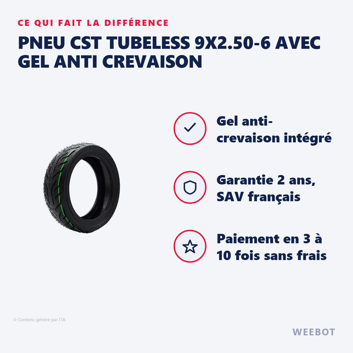 Pneu CST Tubeless 9x2.50-6 Avec Gel Anti Crevaison pour Trottinette Électrique Nami Stellar - Weebot