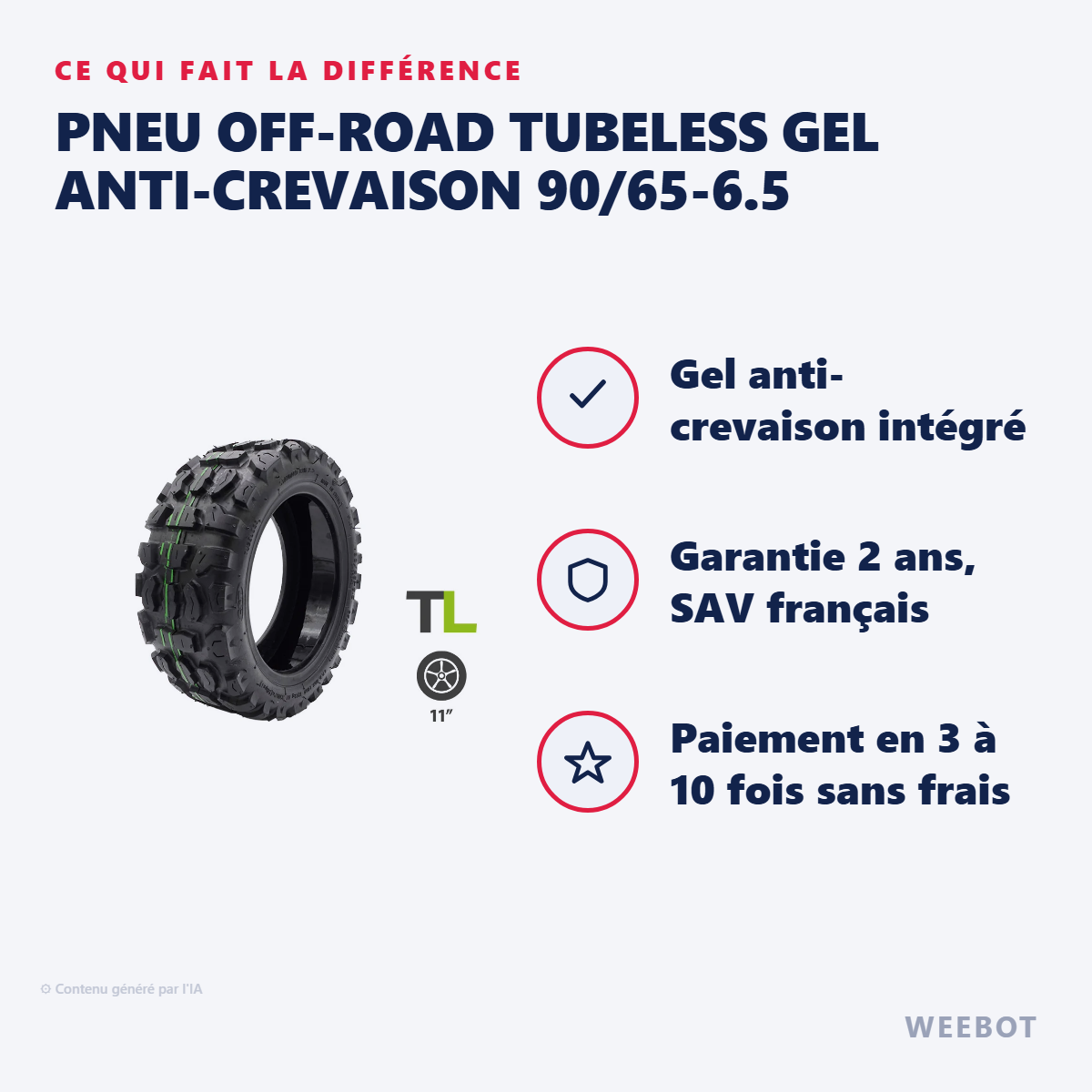 Pneu Off-Road Tubeless Gel Anti-Crevaison 90/65-6.5 : les points forts