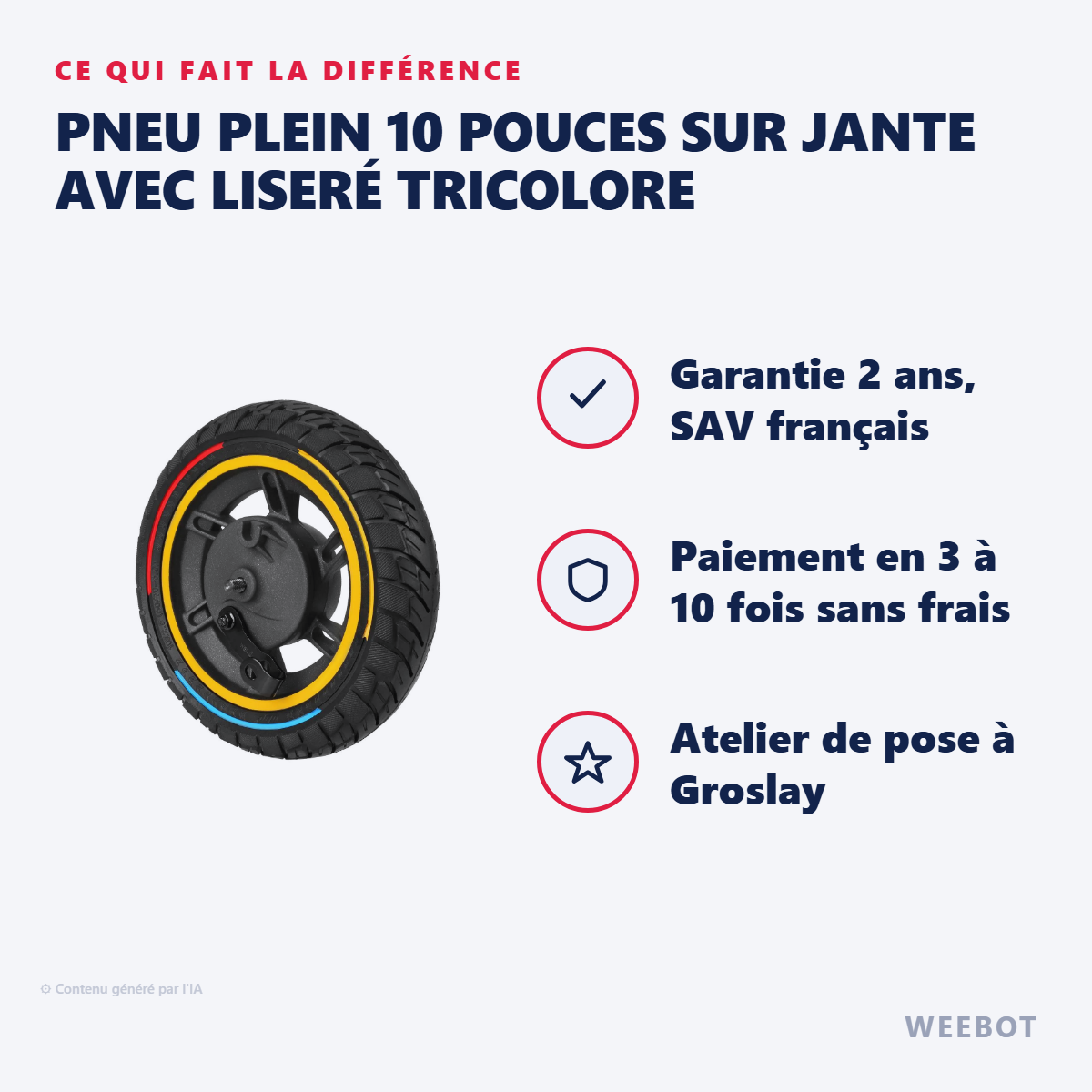 Pneu Plein 10 Pouces sur Jante avec Liseré Tricolore : les points forts