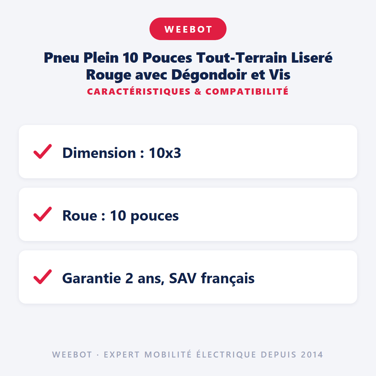 Pneu Plein 10 Pouces Tout-Terrain Liseré Rouge avec Dégondoir et Vis : caractéristiques et compatibilité
