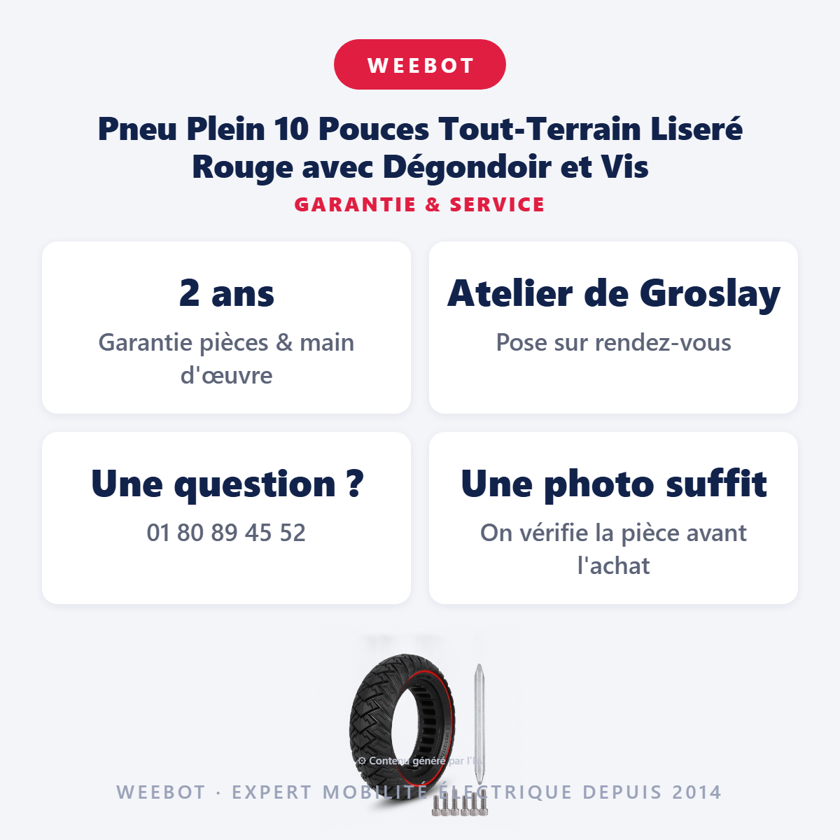 Pneu Plein 10 Pouces Tout-Terrain Liseré Rouge avec Dégondoir et Vis : garantie 2 ans et service après-vente