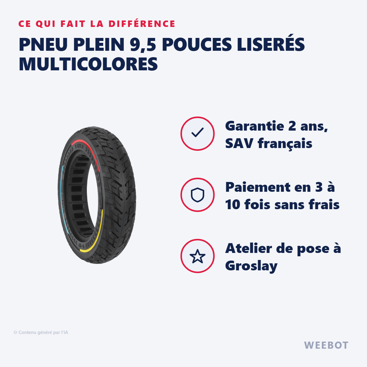 Pneu Plein 9,5 Pouces Liserés Multicolores : les points forts