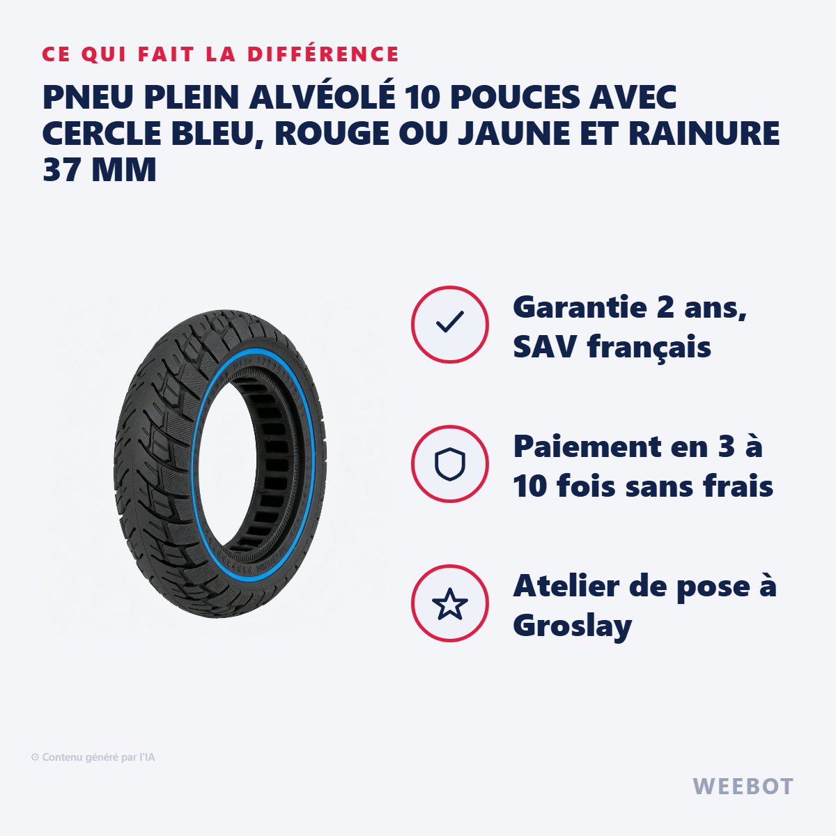 Pneu Plein Alvéolé 10 Pouces avec Cercle Bleu, Rouge ou Jaune et Rainure 37 mm : les points forts