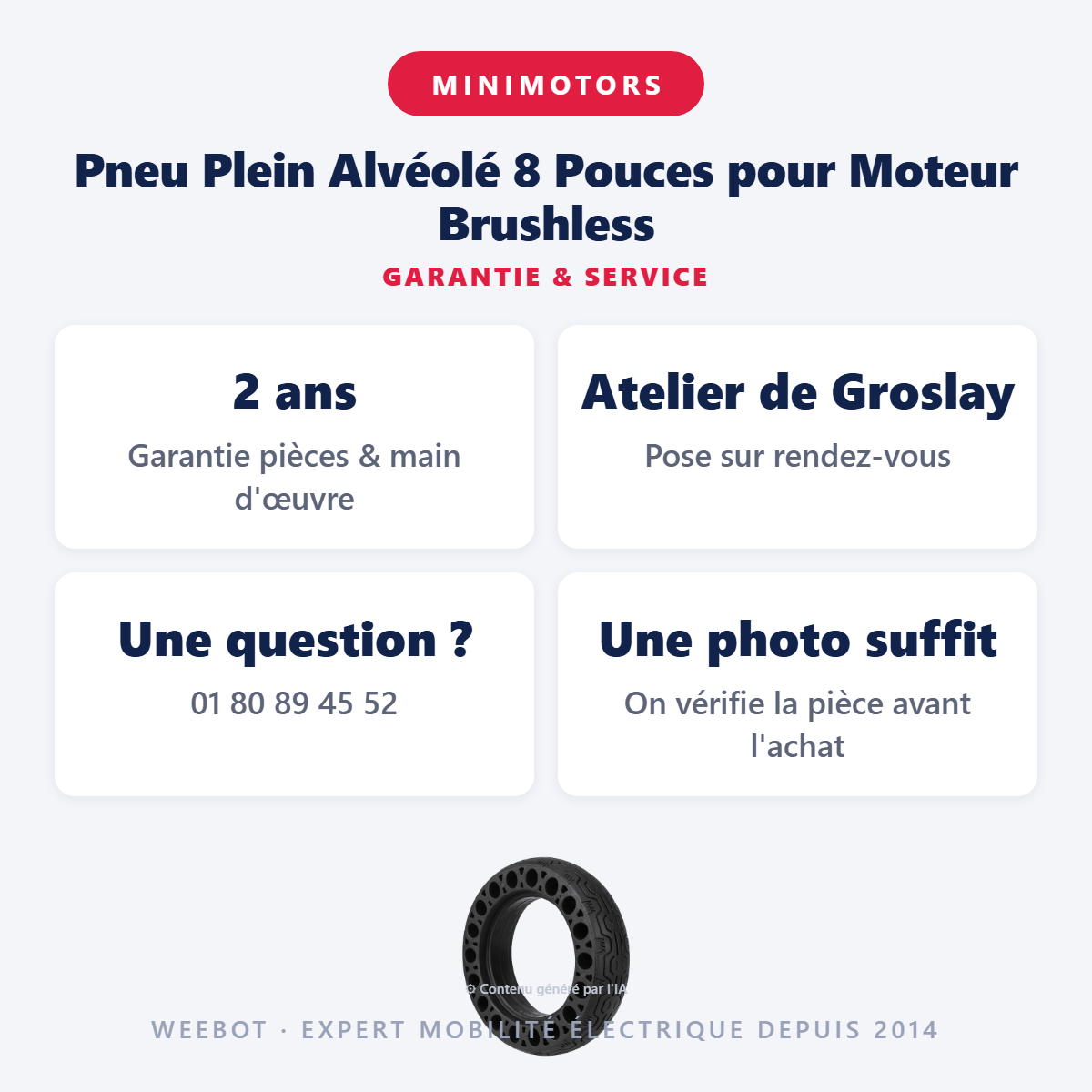 Pneu Plein Alvéolé 8 Pouces pour Moteur Brushless : garantie 2 ans et service après-vente