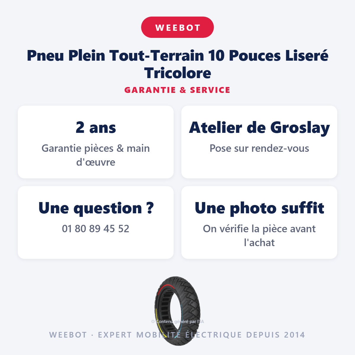 Pneu Plein Tout-Terrain 10 Pouces Liseré Tricolore : garantie 2 ans et service après-vente
