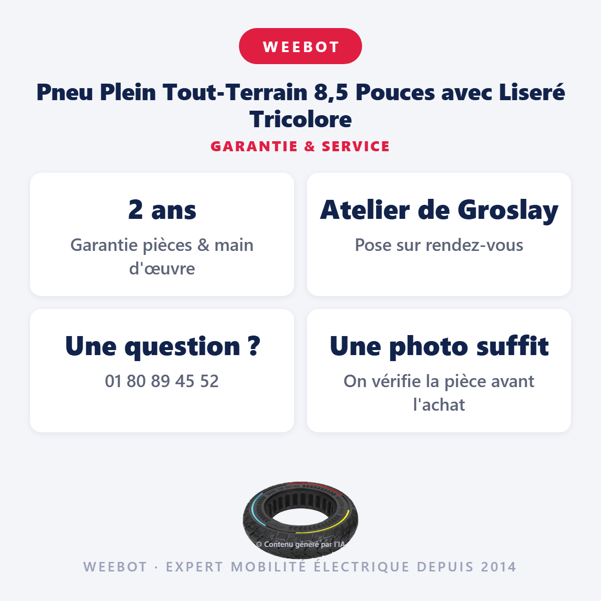 Pneu Plein Tout-Terrain 8,5 Pouces avec Liseré Tricolore : garantie 2 ans et service après-vente