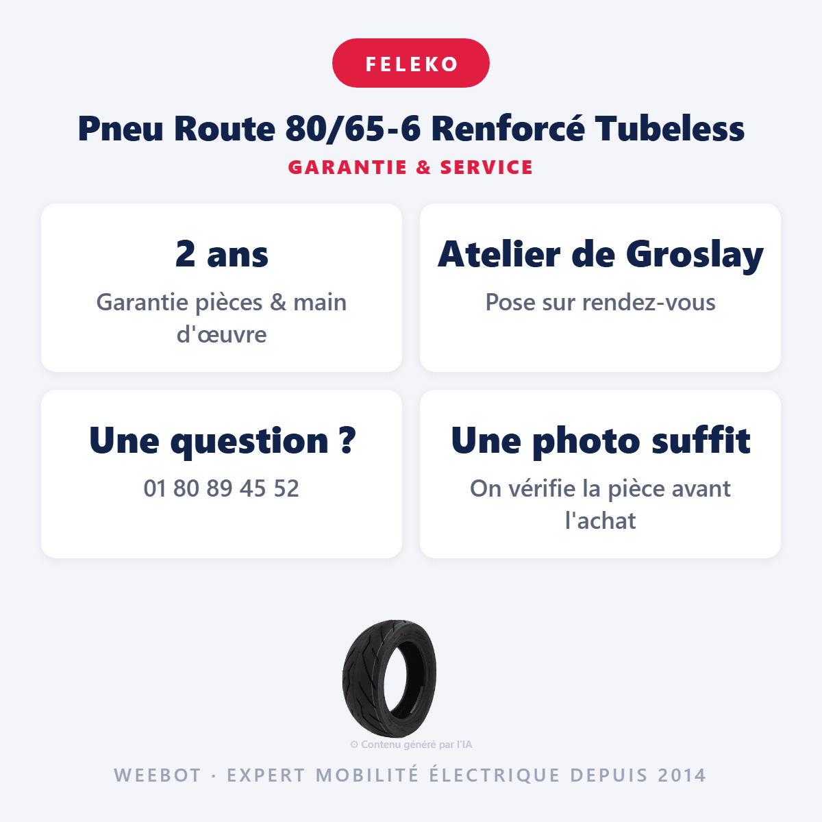 Pneu Route 80/65-6 Renforcé Tubeless pour Trottinette Électrique - Weebot