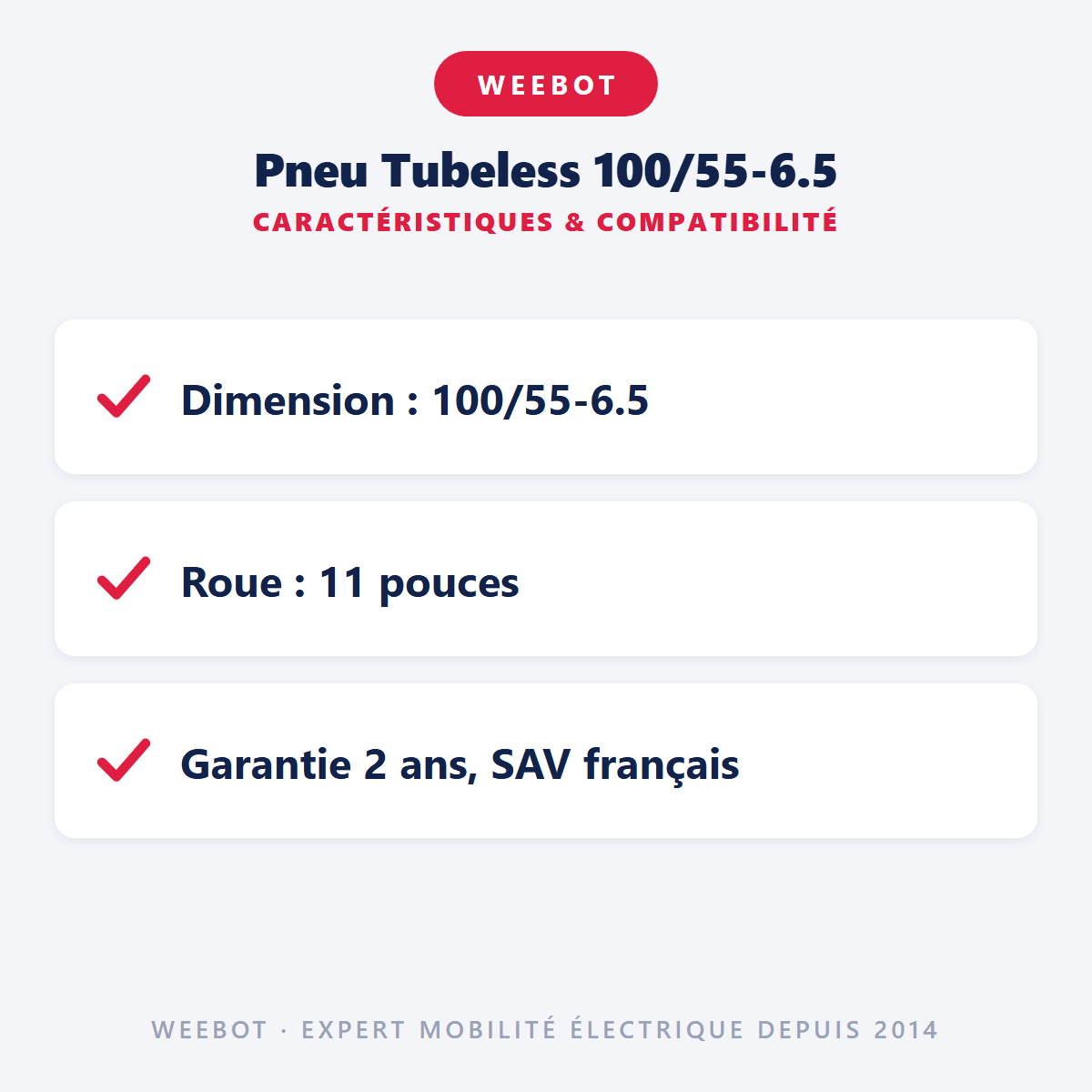 Pneu Tubeless 100/55-6.5 pour Trottinette Électrique - Weebot