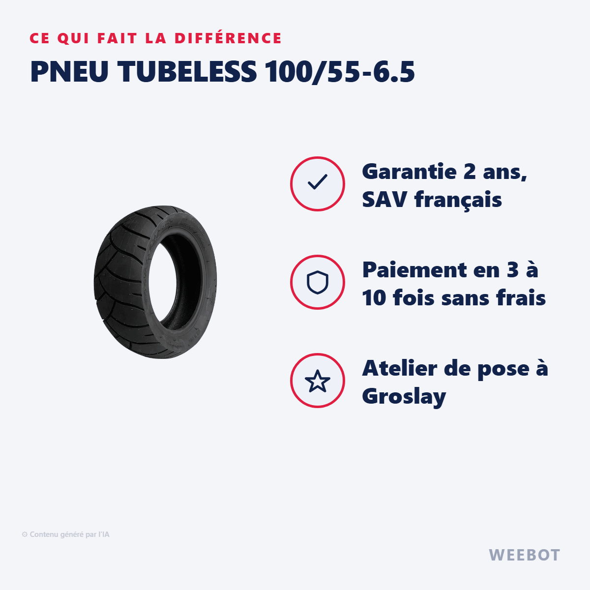 Pneu Tubeless 100/55-6.5 pour Trottinette Électrique - Weebot
