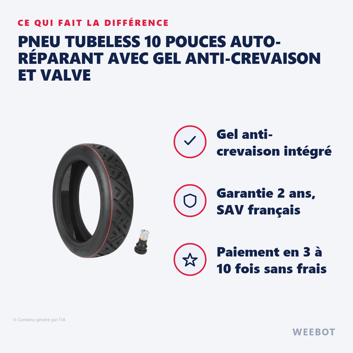 Pneu Tubeless 10 Pouces Auto-Réparant avec Gel Anti-Crevaison et Valve : les points forts