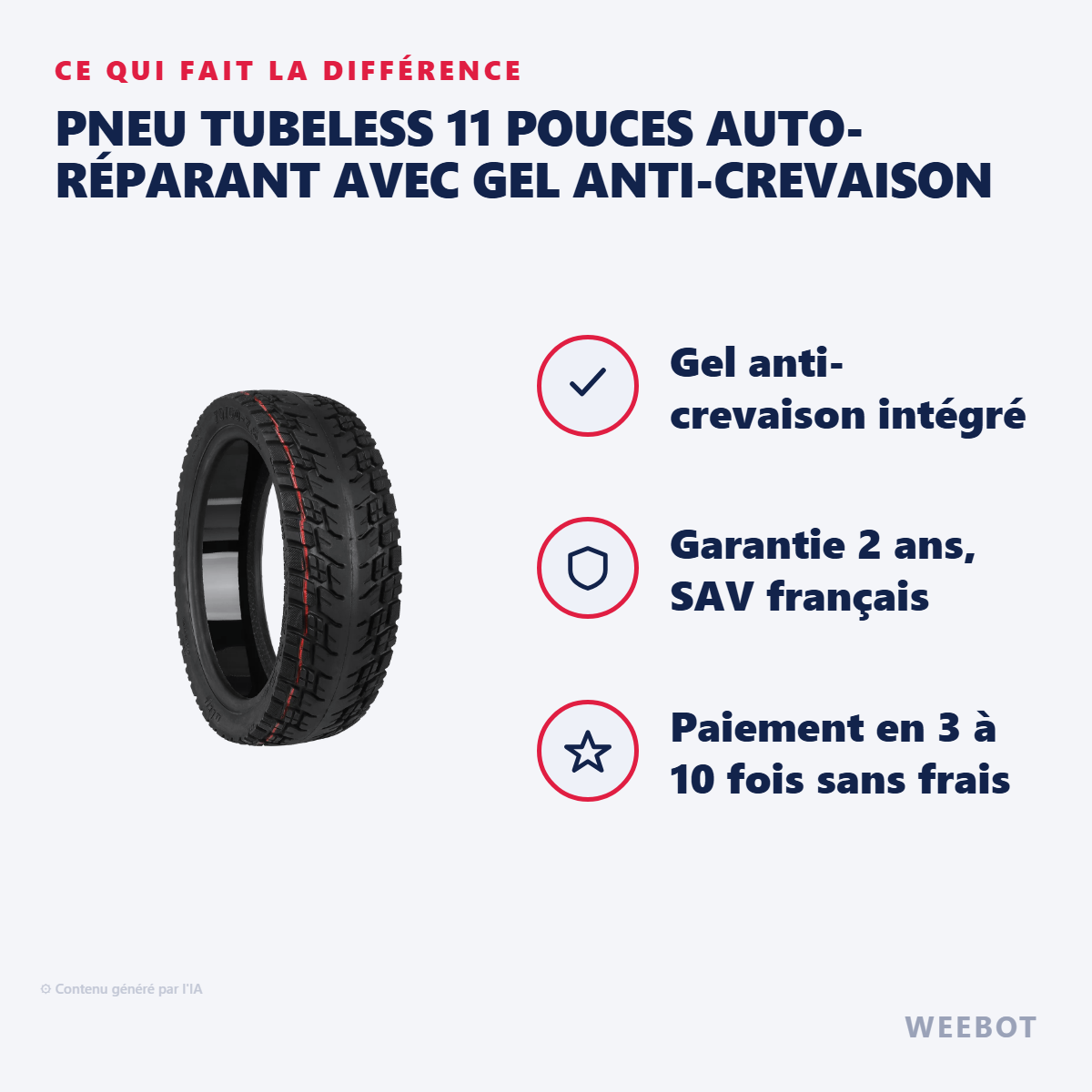 Pneu Tubeless 11 Pouces Auto-Réparant avec Gel Anti-Crevaison : les points forts
