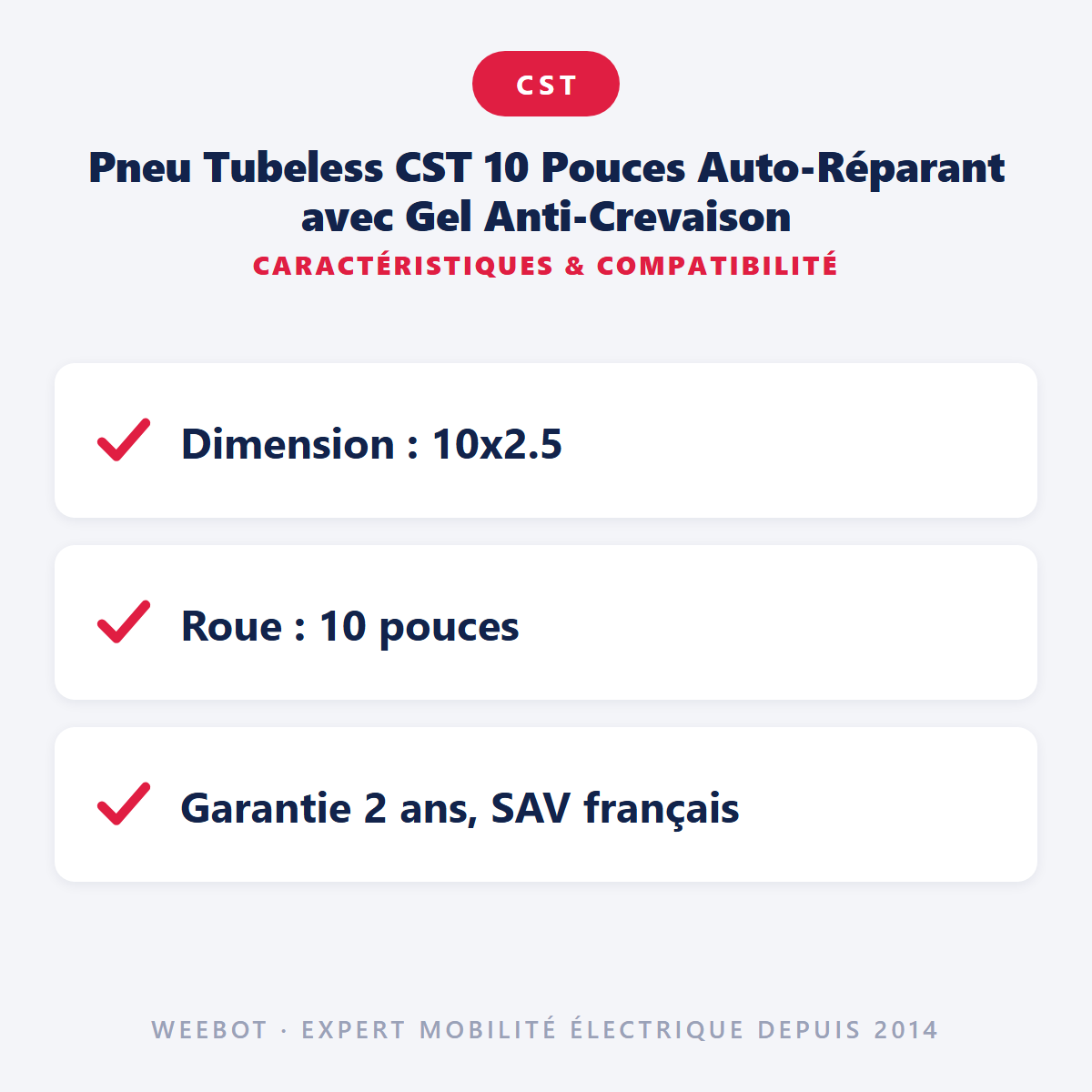 Pneu Tubeless CST 10 Pouces Auto-Réparant avec Gel Anti-Crevaison : caractéristiques et compatibilité