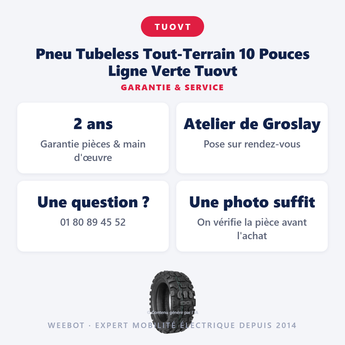 Pneu Tubeless Tout-Terrain 10 Pouces Ligne Verte Tuovt : garantie 2 ans et service après-vente