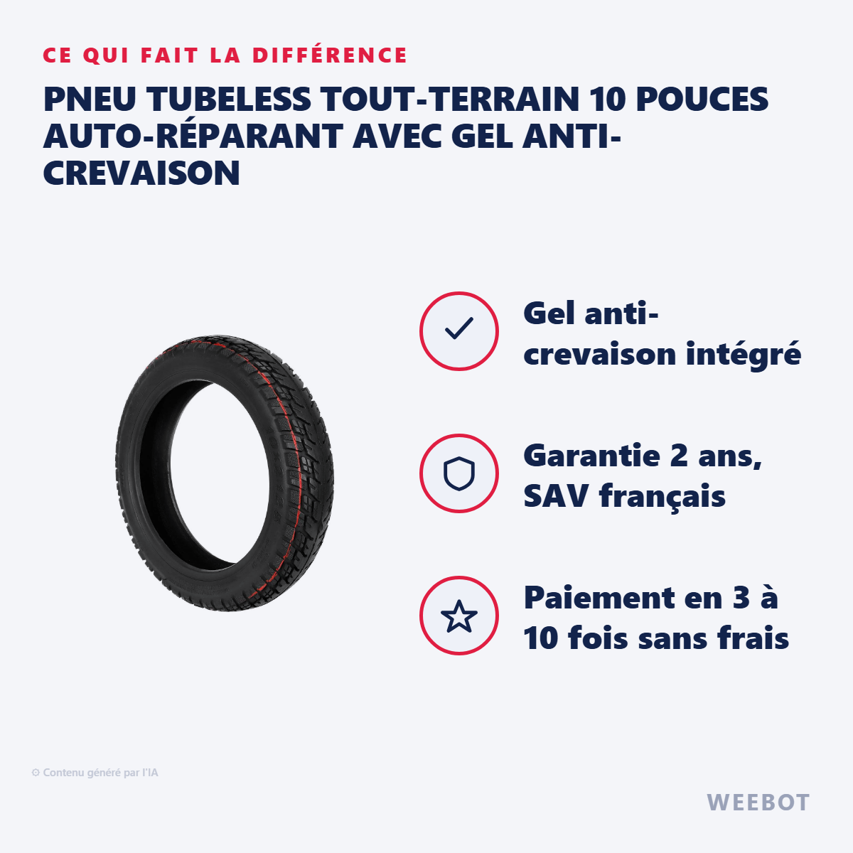 Pneu Tubeless Tout-Terrain 10 Pouces Auto-Réparant avec Gel Anti-Crevaison : les points forts