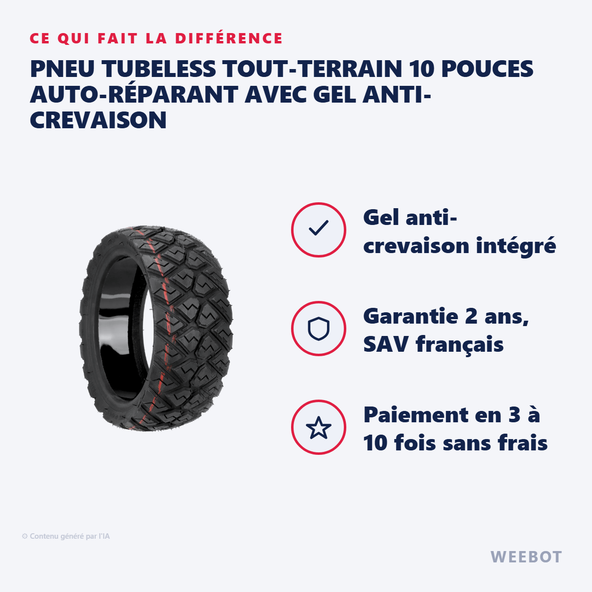 Pneu Tubeless Tout-Terrain 10 Pouces Auto-Réparant avec Gel Anti-Crevaison : les points forts