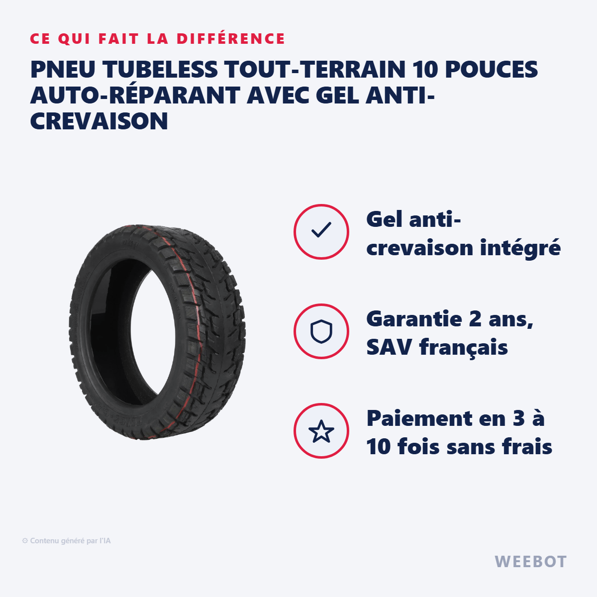 Pneu Tubeless Tout-Terrain 10 Pouces Auto-Réparant avec Gel Anti-Crevaison : les points forts