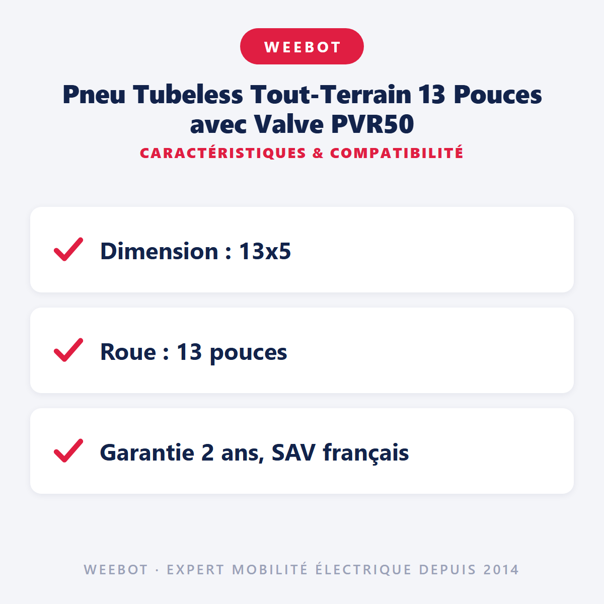 Pneu Tubeless Tout-Terrain 13 Pouces avec Valve PVR50 : caractéristiques et compatibilité