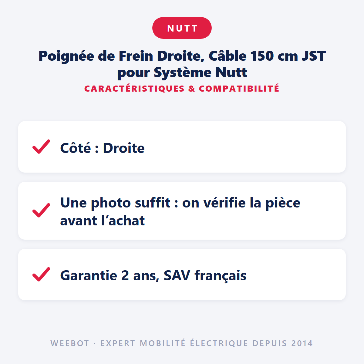 Poignée de Frein Droite, Câble 150 cm JST pour Système Nutt - Weebot