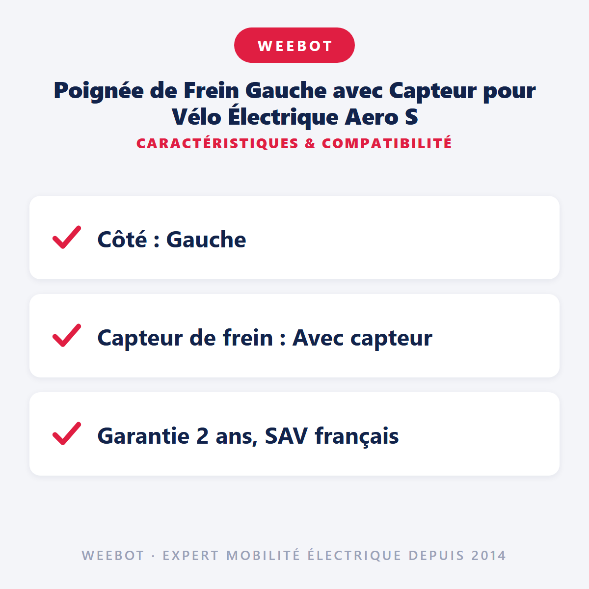 Poignée de Frein Gauche avec Capteur pour Vélo Électrique Aero S : caractéristiques et compatibilité