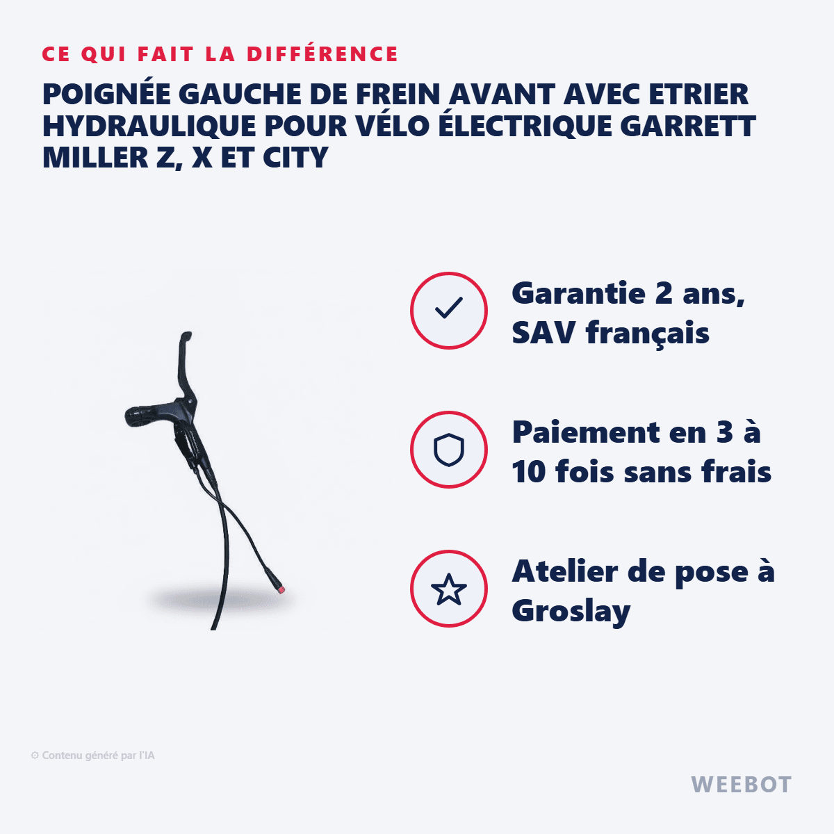 Poignée Gauche de Frein Avant avec Etrier Hydraulique pour Vélo Électrique Garrett Miller Z, X et CIty - Weebot