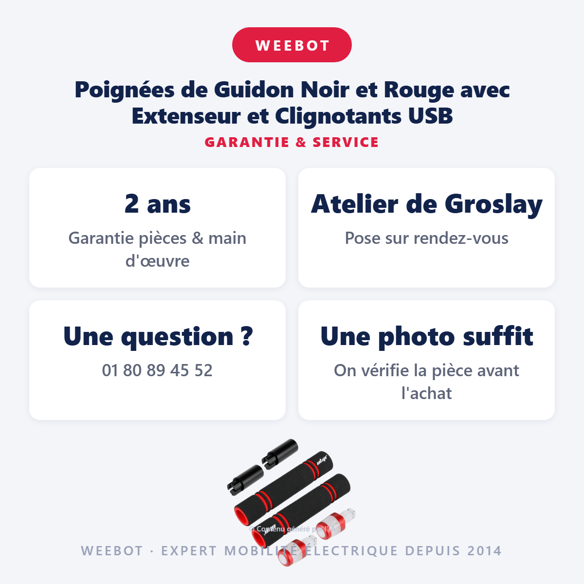 Poignées de Guidon Noir et Rouge avec Extenseur et Clignotants USB : garantie 2 ans et service après-vente
