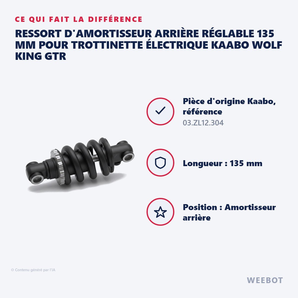 Ressort d'Amortisseur Arrière Réglable 135 mm pour Trottinette Électrique Kaabo Wolf King GTR - Weebot