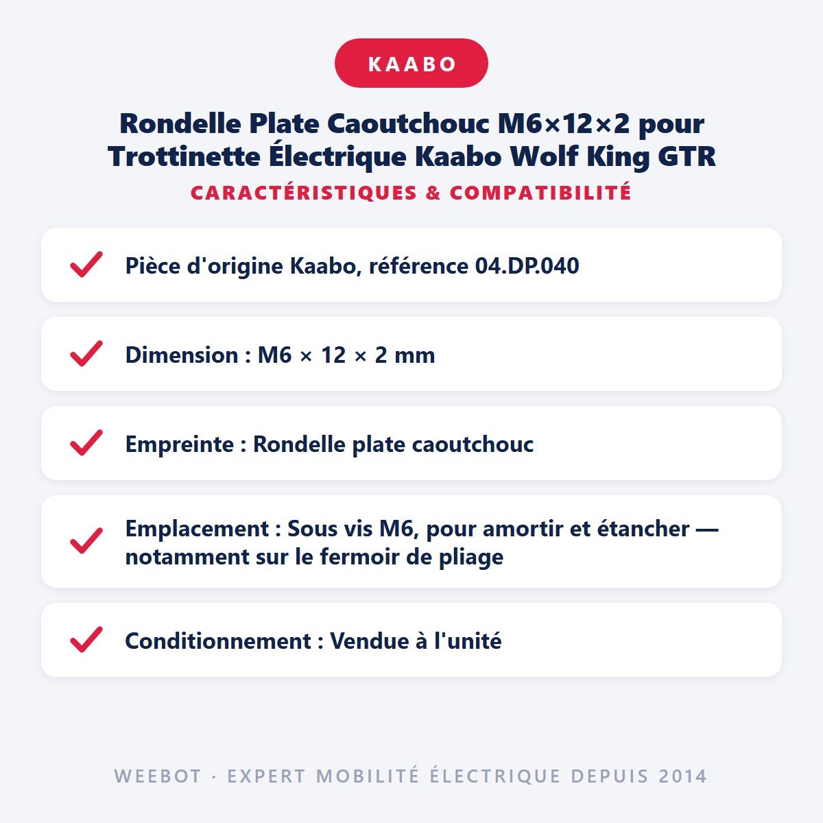 Rondelle Plate Caoutchouc M6×12×2 pour Trottinette Électrique Kaabo Wolf King GTR - Weebot