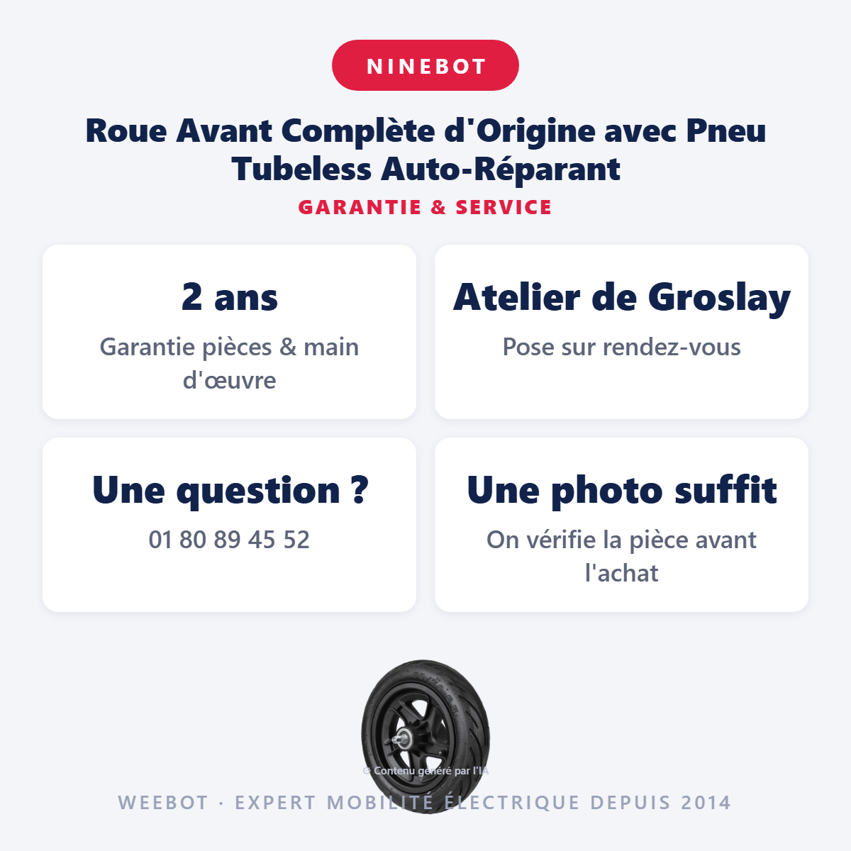 Roue Avant Complète d'Origine avec Pneu Tubeless Auto-Réparant : garantie 2 ans et service après-vente