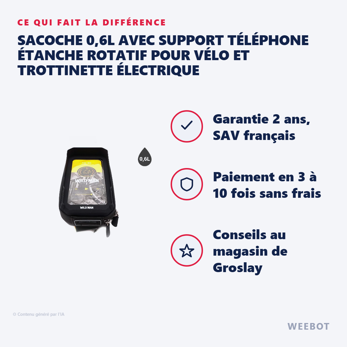 Sacoche 0,6L avec Support Téléphone Étanche Rotatif pour Vélo et Trottinette Électrique : les points forts