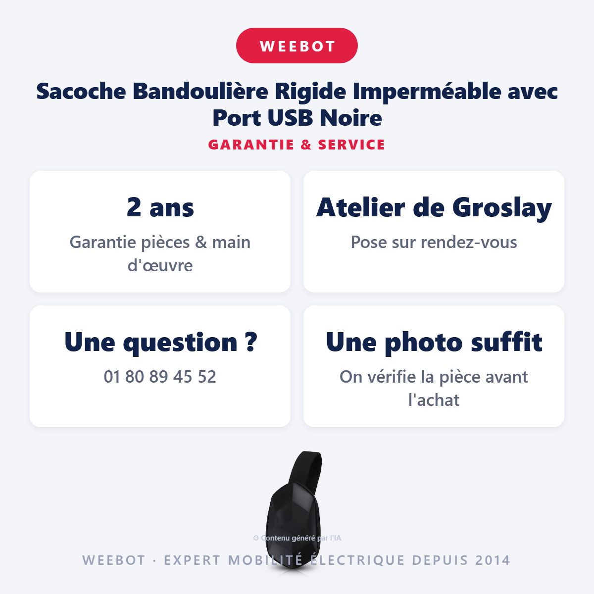Sacoche Bandoulière Rigide Imperméable avec Port USB Noire : garantie 2 ans et service après-vente