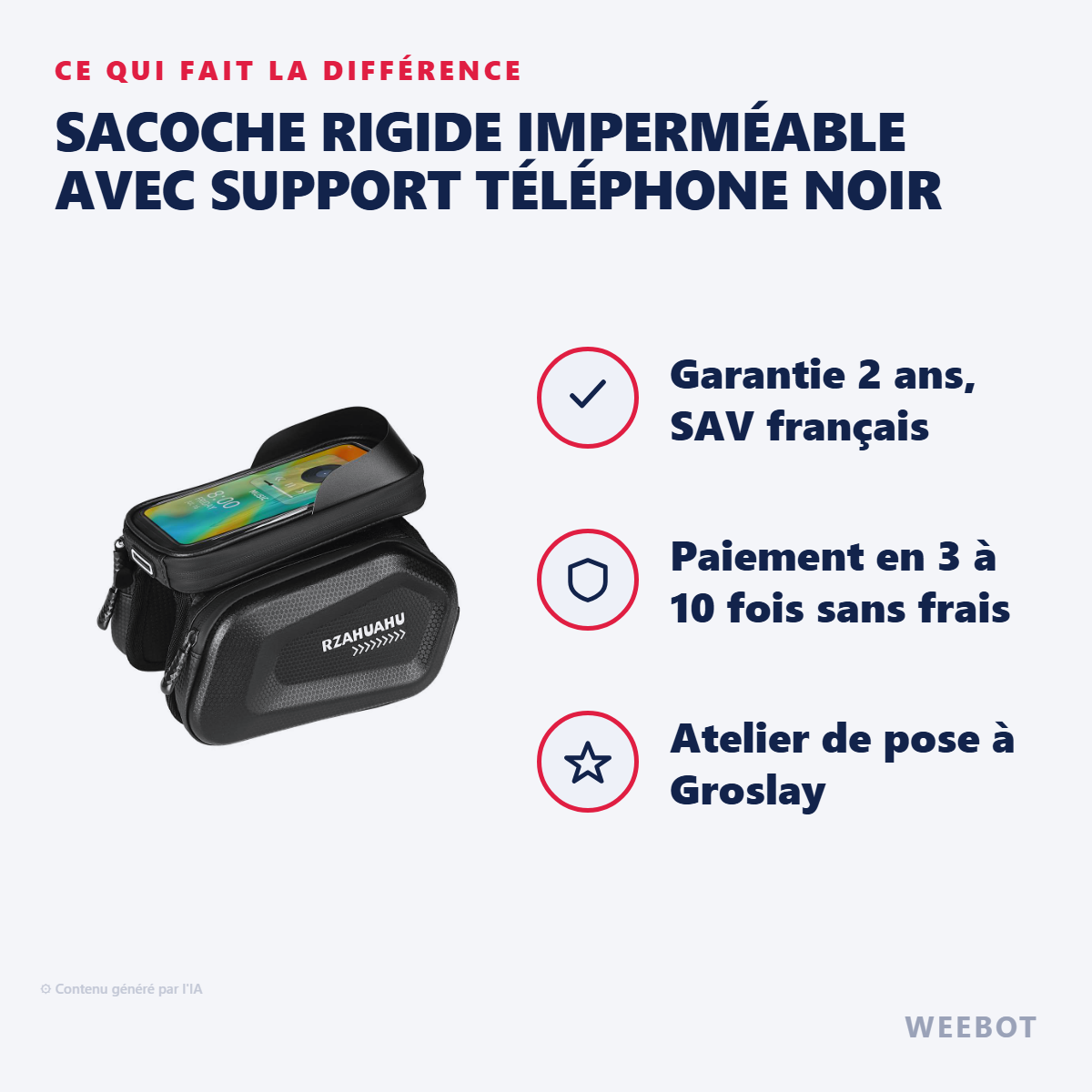 Sacoche Rigide Imperméable avec Support Téléphone Noir : les points forts