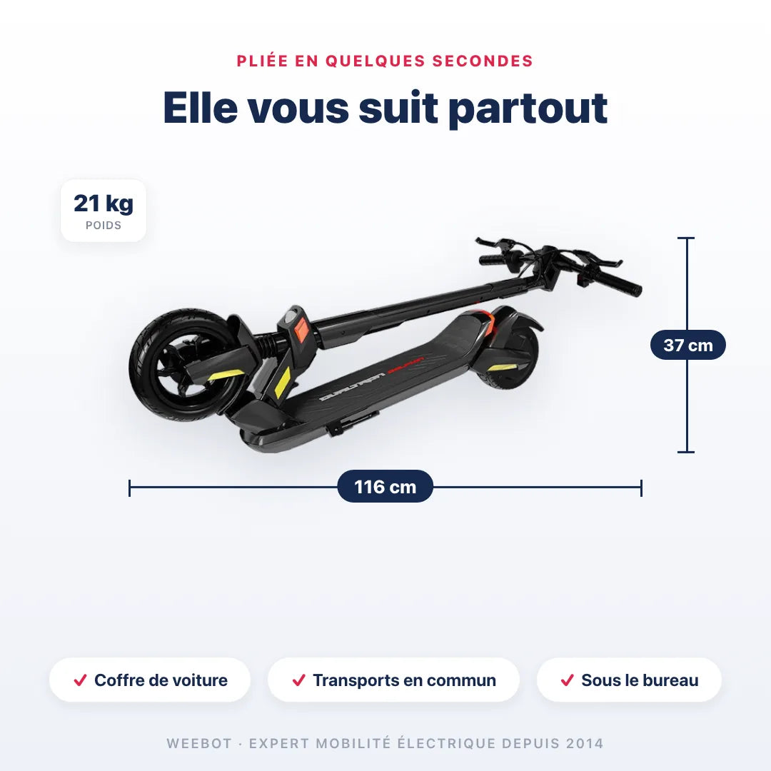 Trottinette Électrique Dualtron Dolphin pliée — dimensions 116 cm, poids 21 kg. Compact et transportable, Weebot.