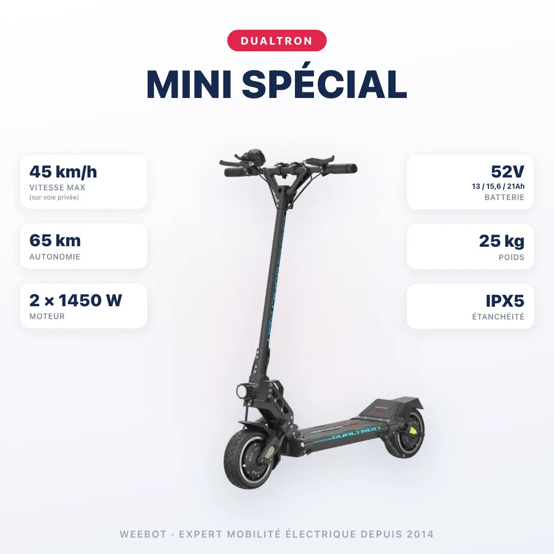 Trottinette Électrique Dualtron Mini Spécial — caractéristiques : 45 km/h sur voie privée, autonomie 65 km, moteur 2 × 1450 W, batterie 52V 13 / 15,6 / 21Ah, 25 kg. Trottinette électrique Dualtron chez Weebot.
