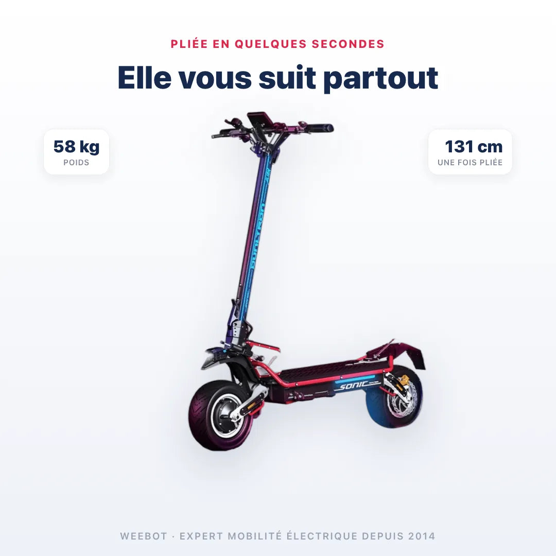 Trottinette Électrique Dualtron Sonic Alien pliée — dimensions 131 cm, poids 58 kg. Compact et transportable, Weebot.