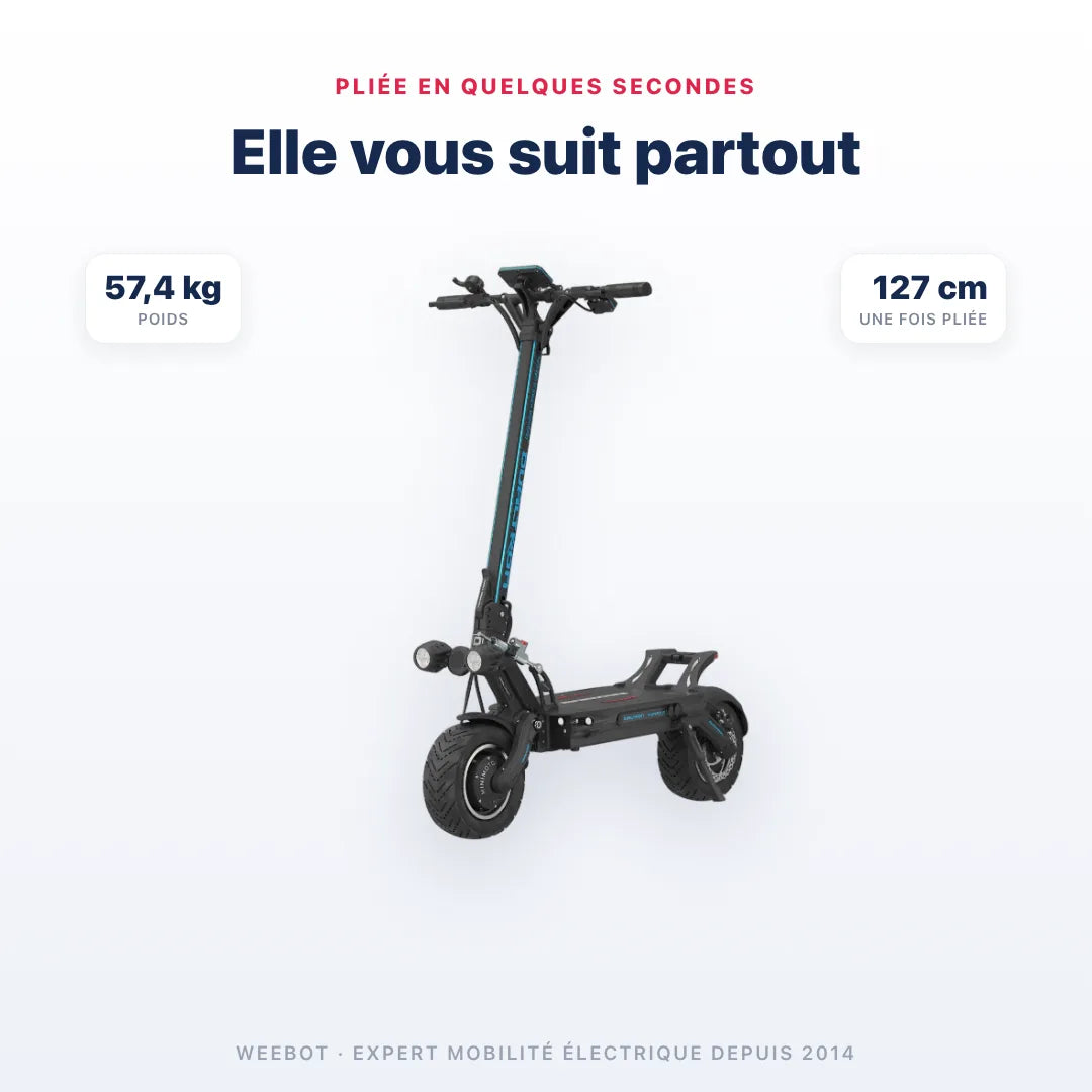 Trottinette Électrique Dualtron Thunder 3 pliée — dimensions 127 cm, poids 57,4 kg. Compact et transportable, Weebot.