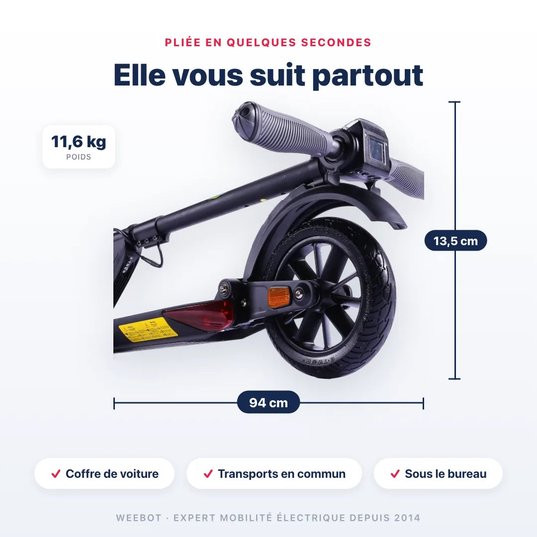 Trottinette Électrique Etwow Booster SE pliée — dimensions 94 cm, poids 11,6 kg. Compact et transportable, Weebot.