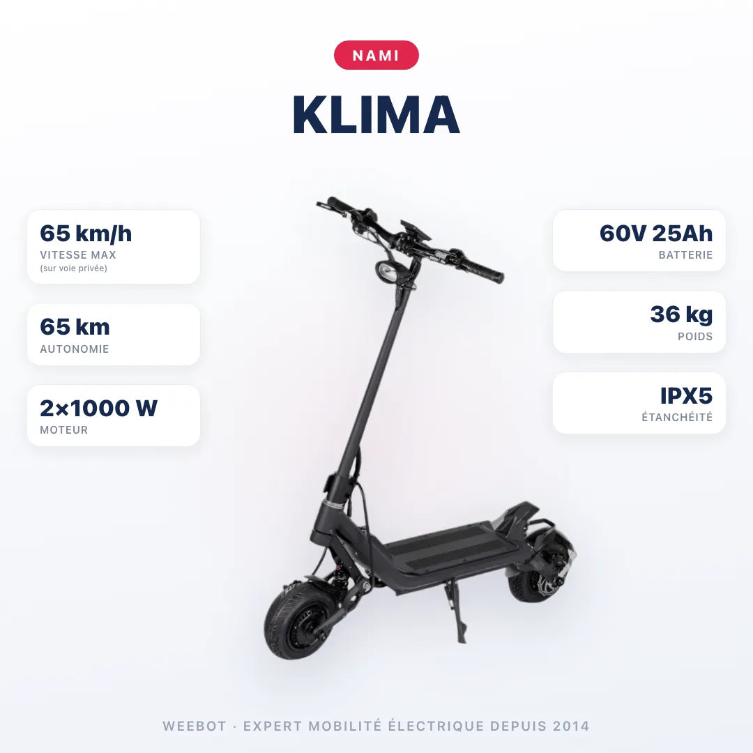 Trottinette Électrique Nami Klima — caractéristiques : 65 km/h sur voie privée, autonomie 65 km, moteur 2×1000 W, batterie 60V 25Ah, 36 kg. Trottinette électrique Nami chez Weebot.